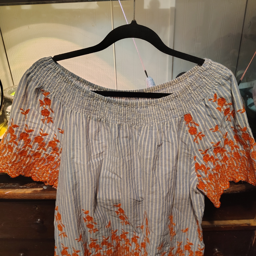 Fever Blue Striped Blouse with Orange Embroidery
